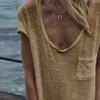 Women T-shirt Round Neck Short Sleeve Patch Pocket Tee Shirt Solid Color Loose Fit Thin Pullover Tops Daily Wear