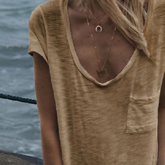 Women T-shirt Round Neck Short Sleeve Patch Pocket Tee Shirt Solid Color Loose Fit Thin Pullover Tops Daily Wear