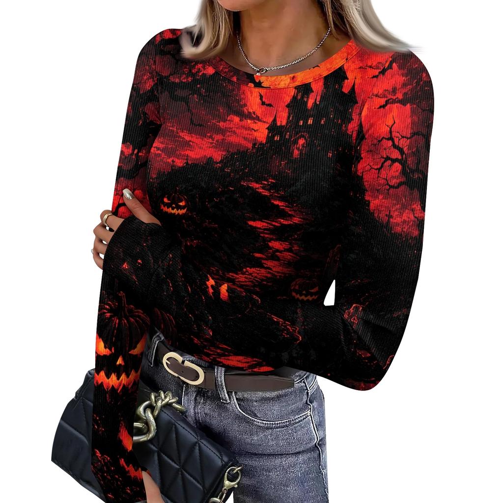 Women's Slim Fit Halloween Print Pullover Long Sleeve T Shirt Crew Neck Base Layer Top with Thumb Hole Cuffs Stretch Fabric