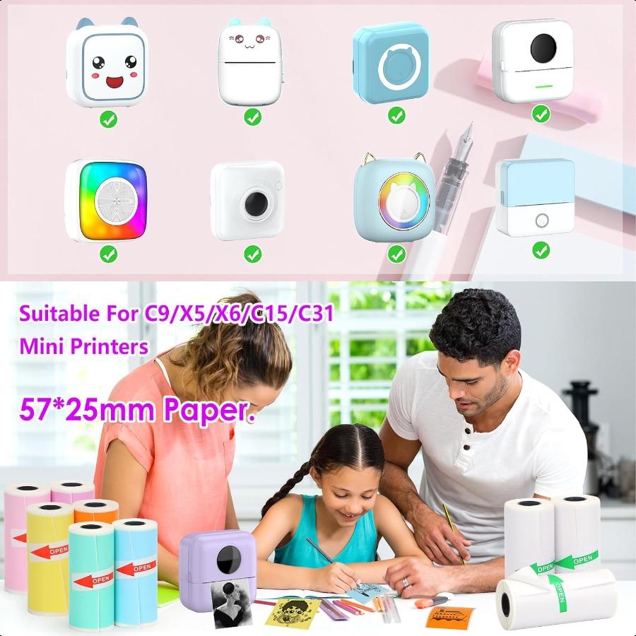 9 Rolls Thermal Sticker Paper for Mini PrinterSelfAdhesive Paper 57 * 25mm 3 Rolls White and 6 Rolls Colored HD Paper for Pocke