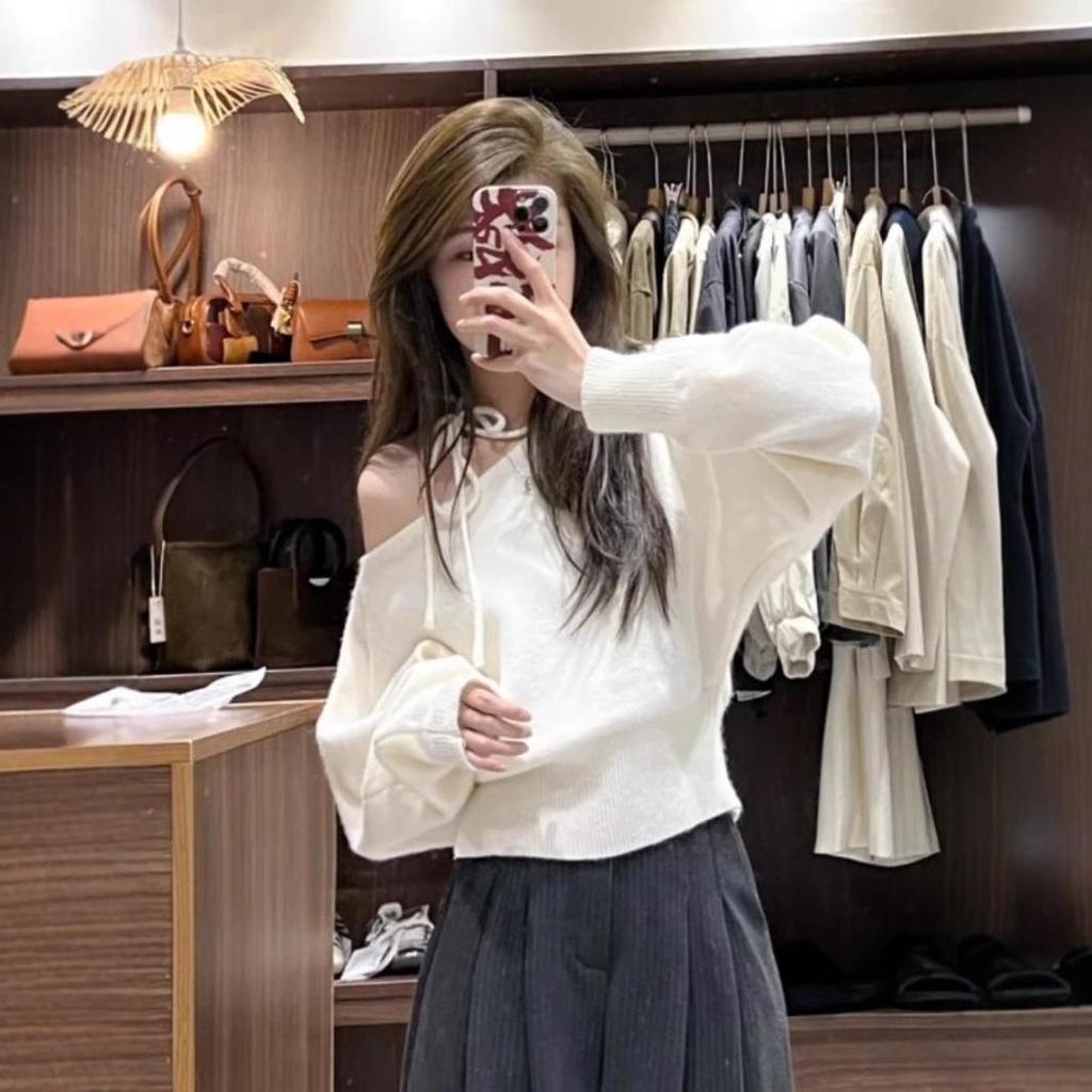 2026 Korean Style Off-Shoulder Knit Sweater for Women - Autumn Winter High-End Solid Color Short Top