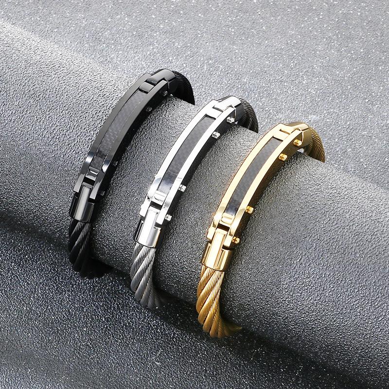 Stainless Steel Cable Wire Bracelet for Men Gold Color Magnetic Clasp Jewelry Trendy Black Accent Wristband Accessory for Gifts