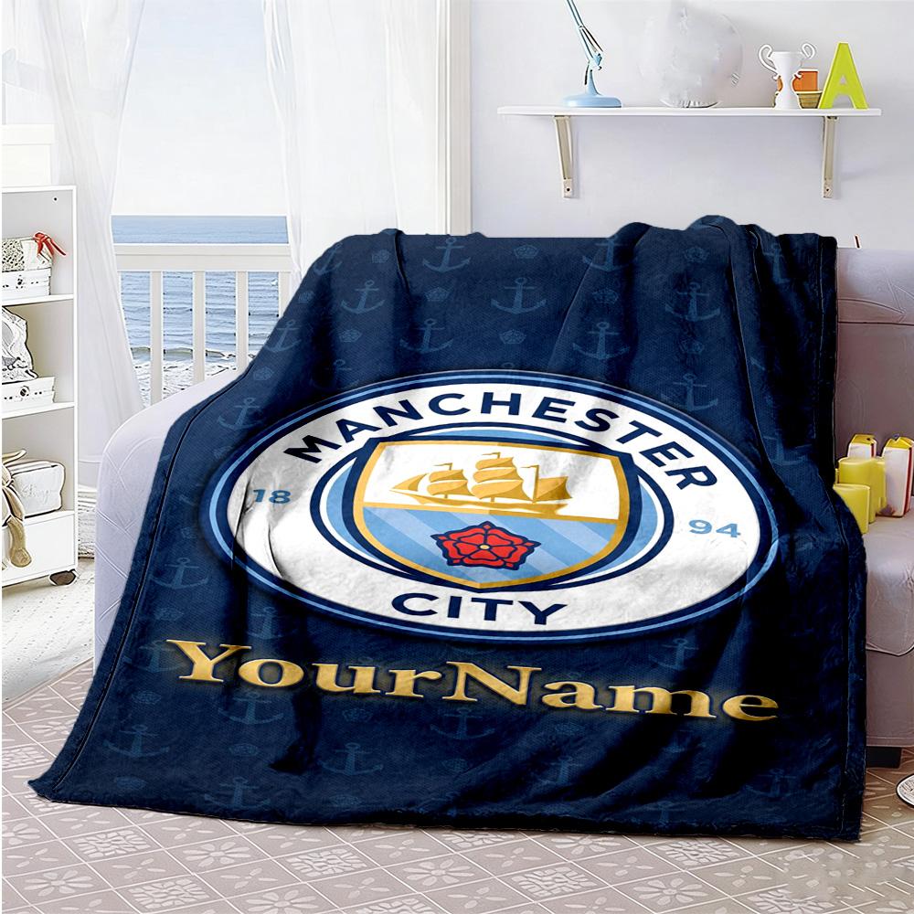 Manchester City Customize Text Blanket Gift Personalized Blanket Warmthful Decor Throw For Couch Office Chair Living Room Chair Four Seasons Universal