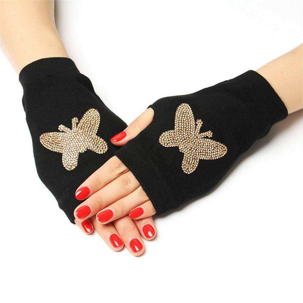 Rhinestone Wool Knitted Half Finger Computer Mittens Warm Gloves Fingerless Gloves