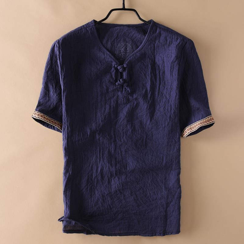Men Chinese Style Vintage Printed Cotton Linen T Shirt Summer Male Casual V Neck Short Sleeve Breathable Tops Ropa Hombre M-5XL