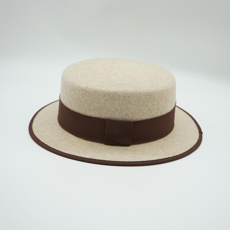 Maillard Style British Retro Japanese Korean Version Beige Wool Hemming Flat Top Top Top Hat Men'S And Women'S Autumn And Winter Felt
