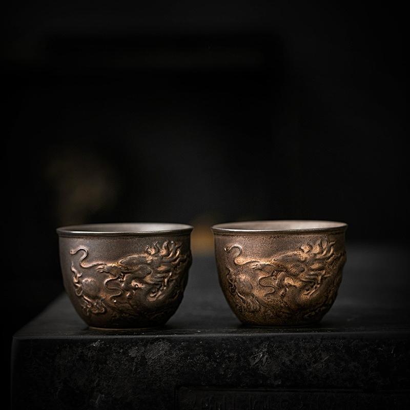 Vintage Ceramic Tea Cup with Dragon Design, Large Capacity Kung Fu Tea Set, Antique Oriental Tea Mug for Gongfu Ceremony