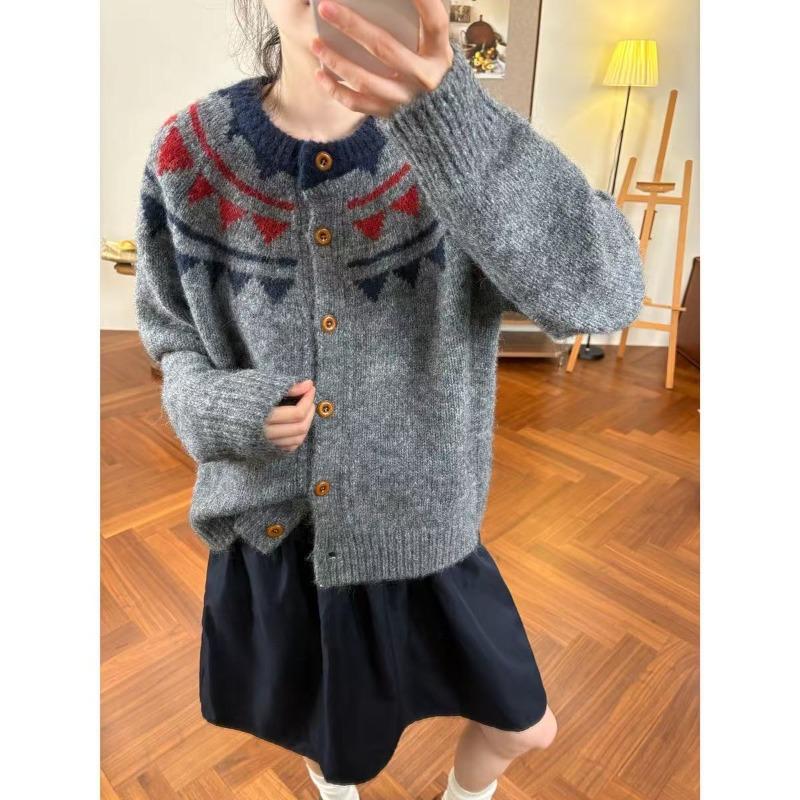 Vintage Contrast Geometric Crew Neck Single-Breasted Shoulder Long Sleeve Wool Blended Knitted Jacket Casual Top