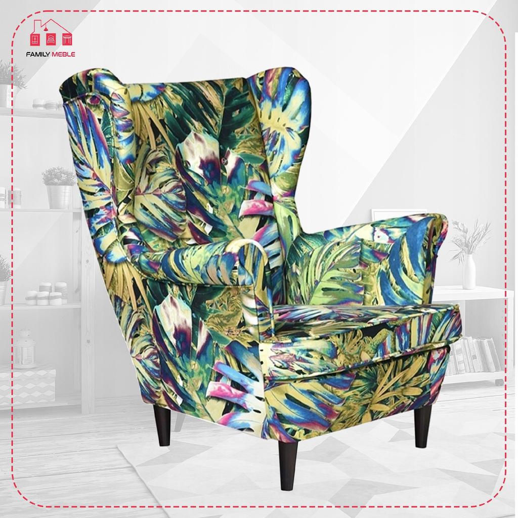 Wingback Armchair ARI PRINT Scandinavian Family Furniture Monstera Green Leaves