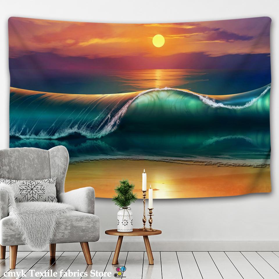Arazzo da parete con motivo foresta natura, arazzo psichedelico con alberi, arazzo in tessuto, decorazione per la casa, copritavolo in poliestere, arazzo con onde al tramonto