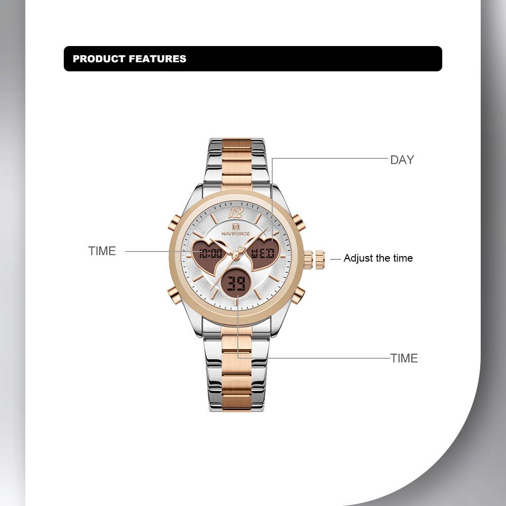 Naviforce Women Quartz LCD Digital Watch Waterproof Stainless Steel Strap NF5045S