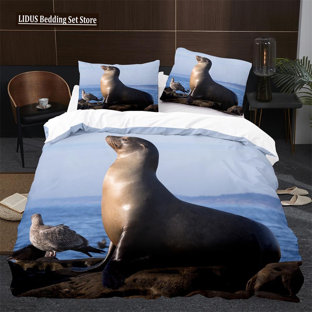 Sea Lion Duvet Cover King Queen Size Lovely Ocean Animals Bedding Set For Kids Boys Girls Blue Sea Beach Polyester Quilt Cover