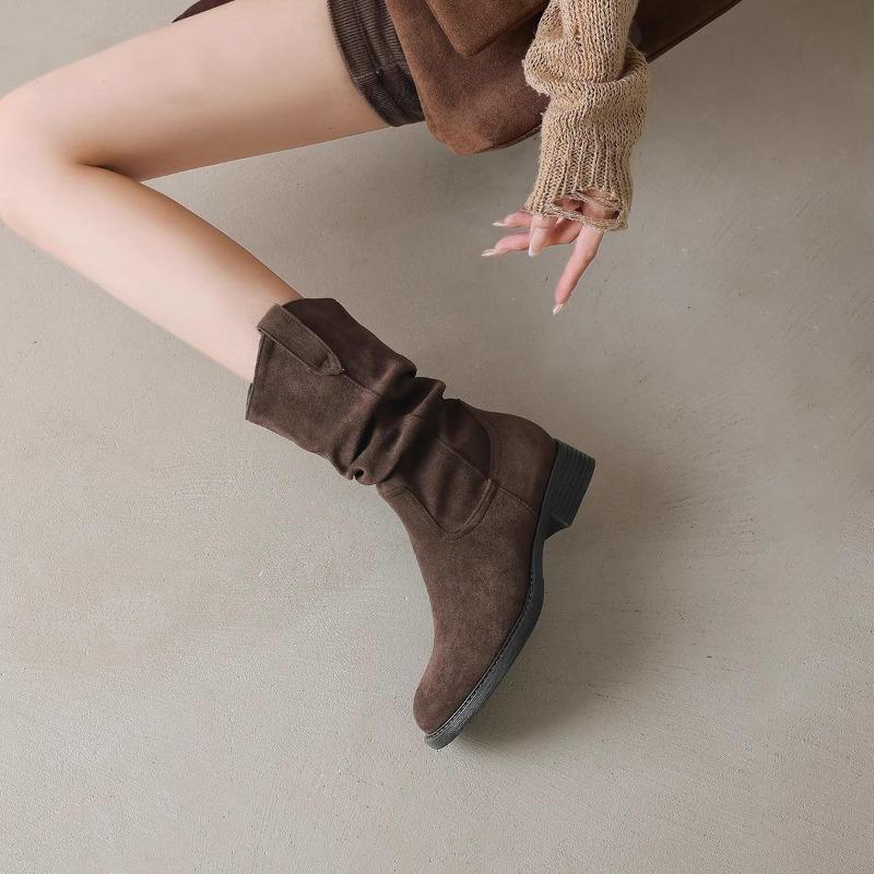 Pleated pointed thick-soled piled boots women's new Maillard retro western cowboy mid-tube boots