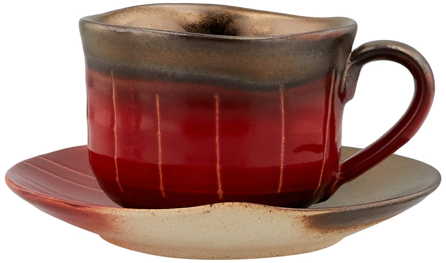 

Maruyoshi Pottery Banko Ware Coffee Cup and Saucer, Gold-decorated Ten-grass Pattern, Red M0976