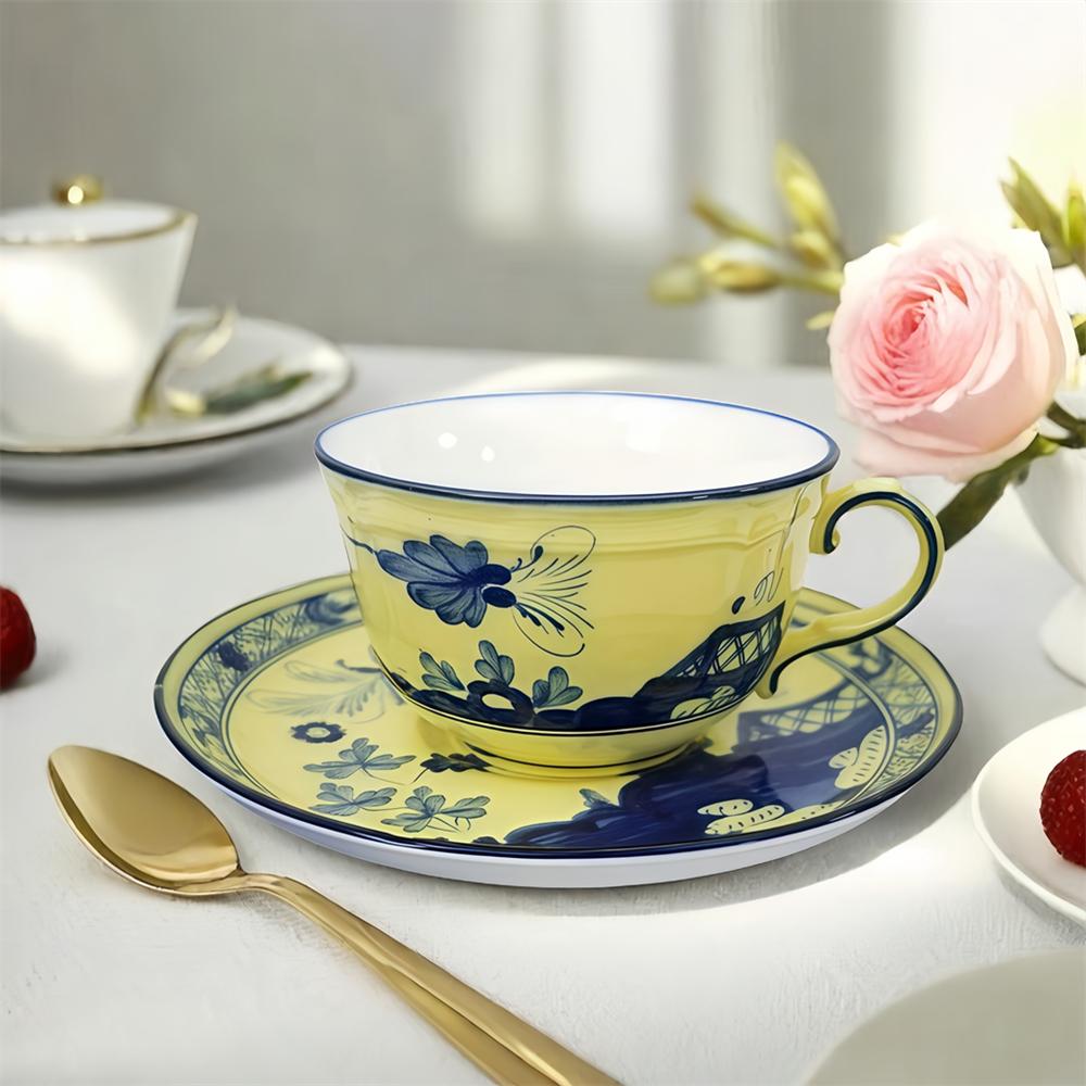 High-end Oriental Series Coffee Cup and Saucer Ceramic Mug Pink Yellow Blue Green Printed Plates Tea Cup Set Gift Box Souvenir