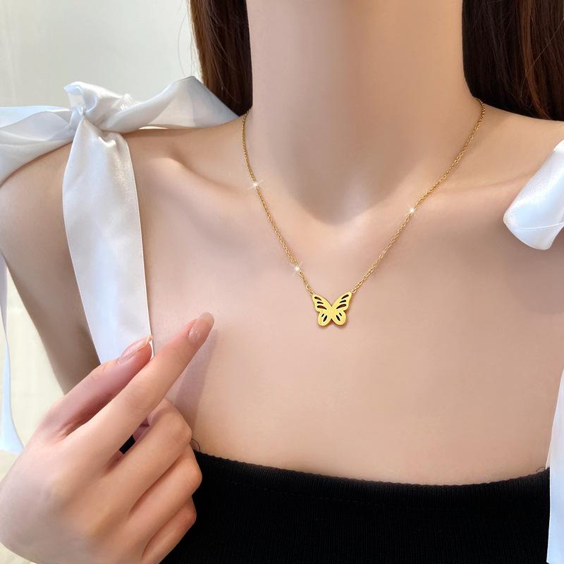 Titanium Steel Minimalist Wind Empty Butterfly Furnace Real Gold Necklace Female Collarbone Chain With Jewelry