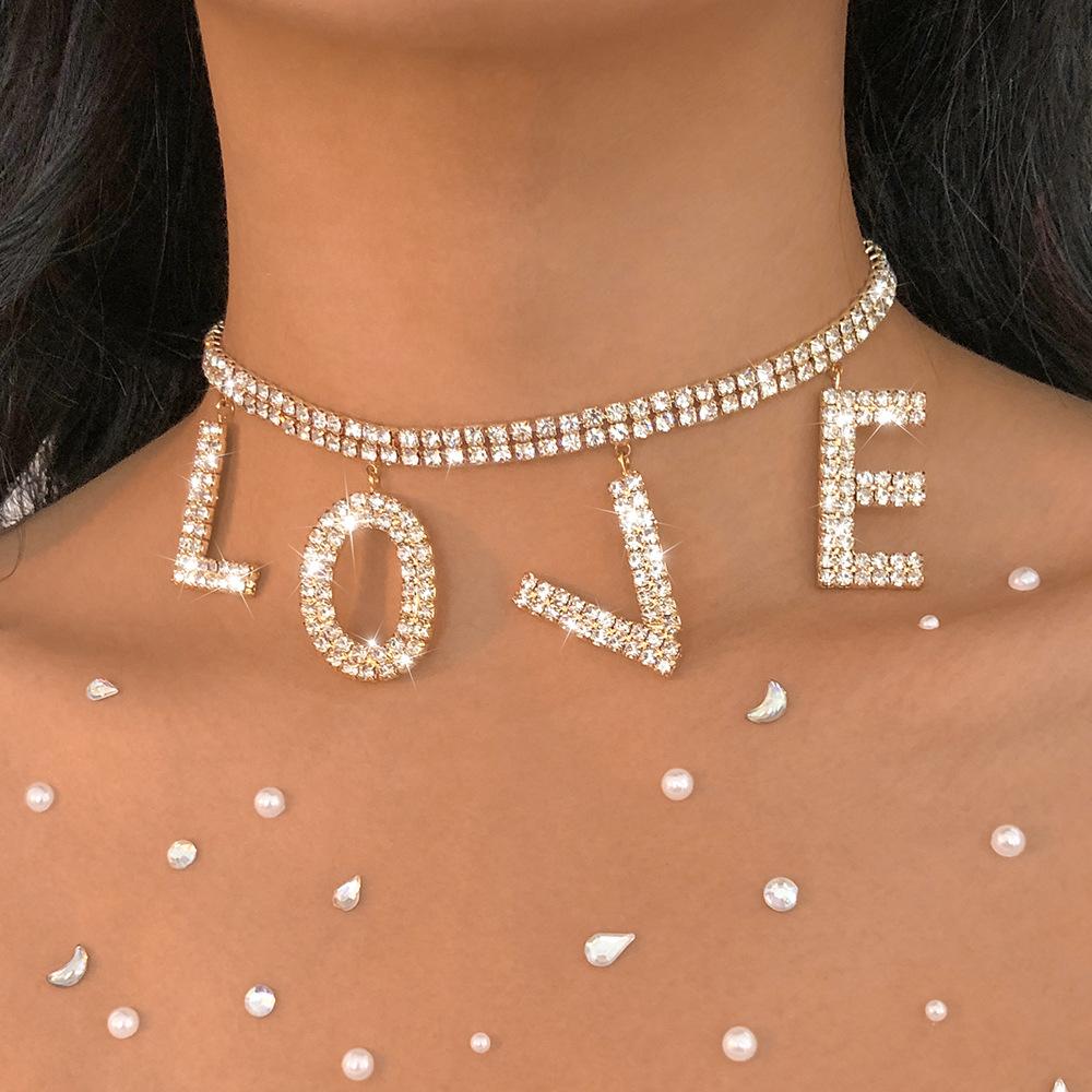 Women Exaggerated Jewelry Love Full Rhinestone Light Luxury Temperament Choker Personality Trendy Fashion Necklace For Women