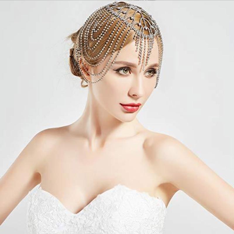 Damen Strass Quasten Kette Kopfschmuck Silber/ Golden Braut Haarschmuck für Abendkleid Party Abschlussball