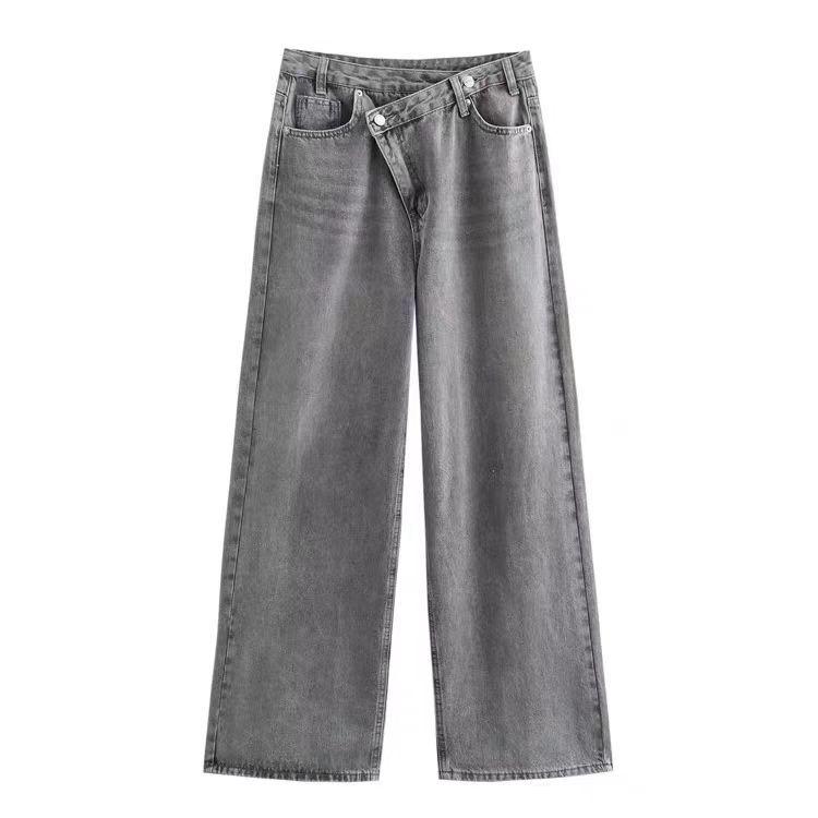 

Women s 2025 Autumn European & American Style Double-Breasted High-Waisted Wide-Leg Jeans M18568 Large сірий колір