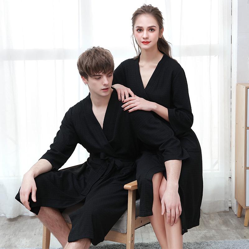 Waffle Pattern Bathrobe Couple Pajamas, Unisex Summer Three-Quarter Sleeve, Korean Style, Polyester & Absorbent.