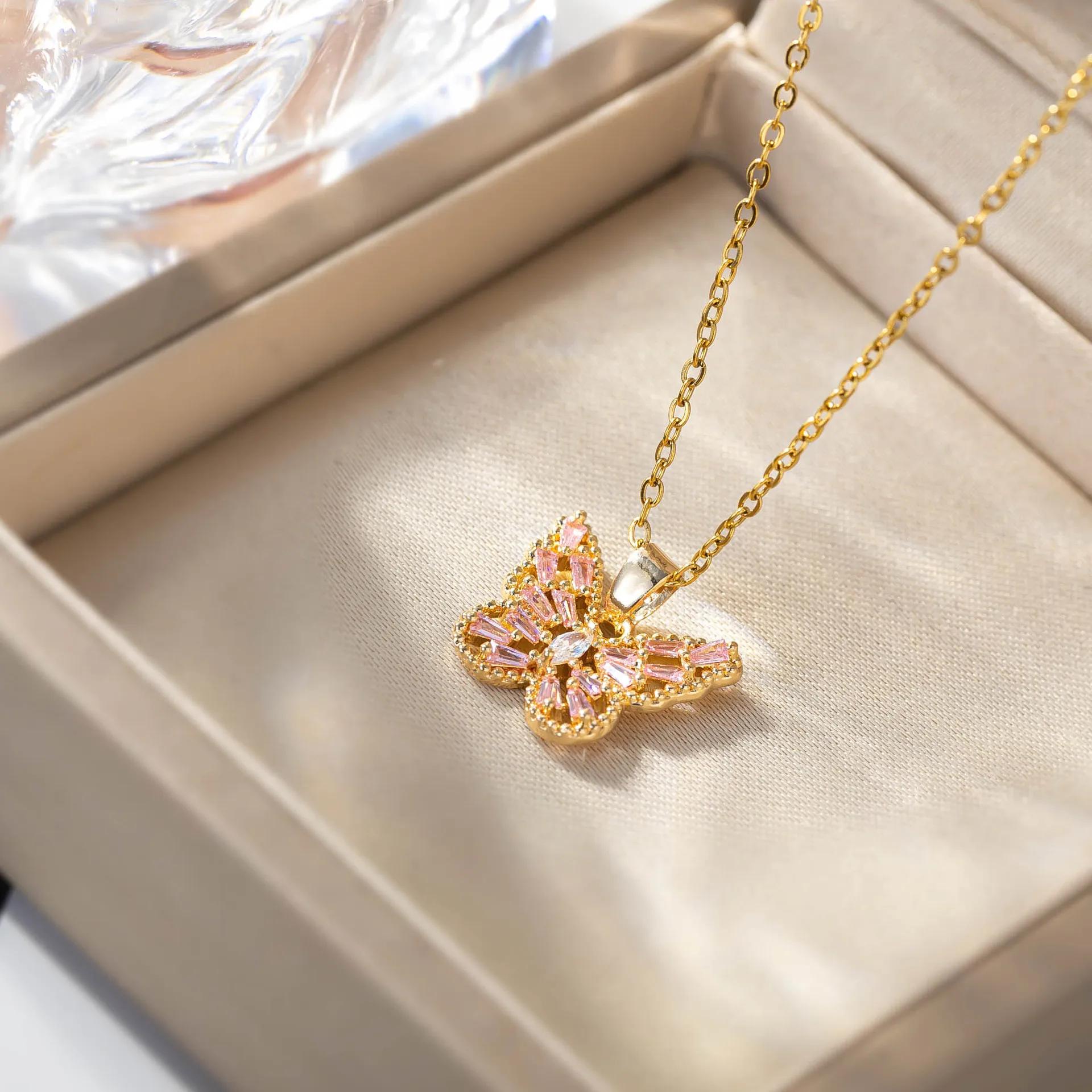

Popular Water Resistant Stainless Steel Bright Pink Crystal Zircon Butterfly Pendant Necklace For Ladies Girls Women