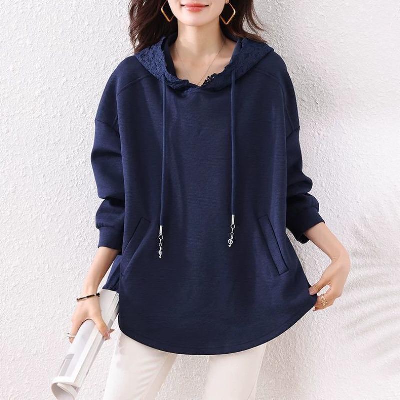 

Осень Зима Однотонный Винтажный Свободный Повседневный Худи Женский Длинный Рукав Кружевная Вставка С Капюшоном Пуловер Топ M темно-синий