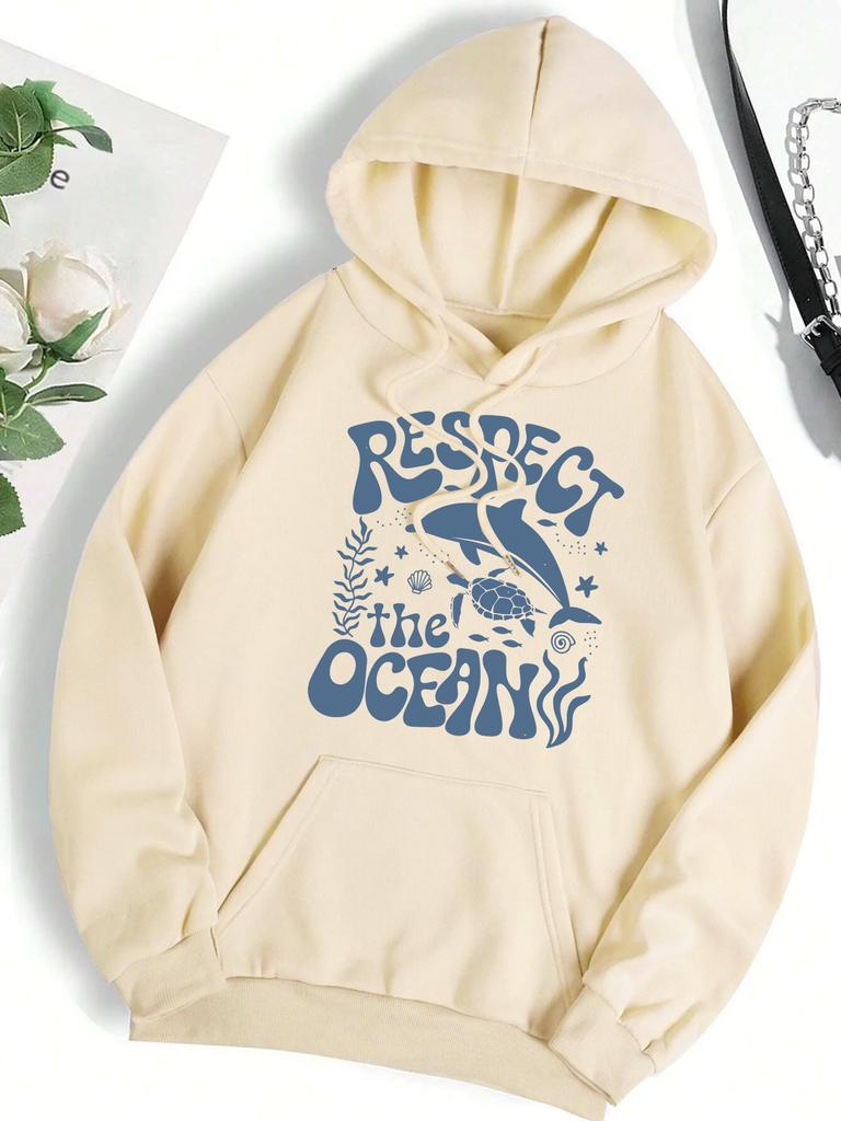 Respect The Ocean Shark Turtle Print Women Hoodie Pocket Hip Hop Hoody Multicolor Casual Pullovers Autumn Fleece Streetwear