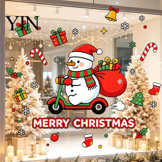Winter Home Decor Cute Snowman Scooter Christmas Static Window Cling, Cartoon Merry Glass Reusable Holiday Ornaments Decal, Waterproof Sticker