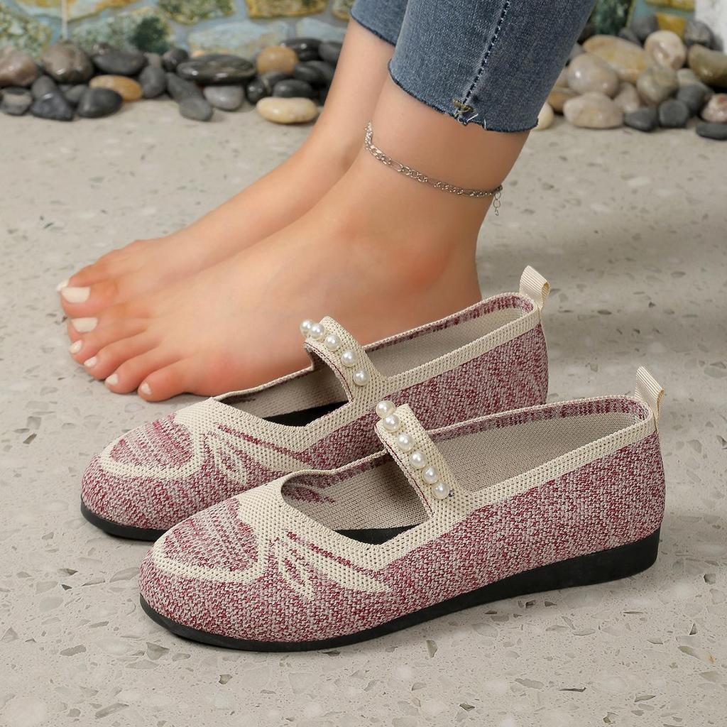 Plus Size Flyknit Beaded Color Block Women's Flats: Breathable, Shallow Mouth, Lazy Work Shoes for All Seasons