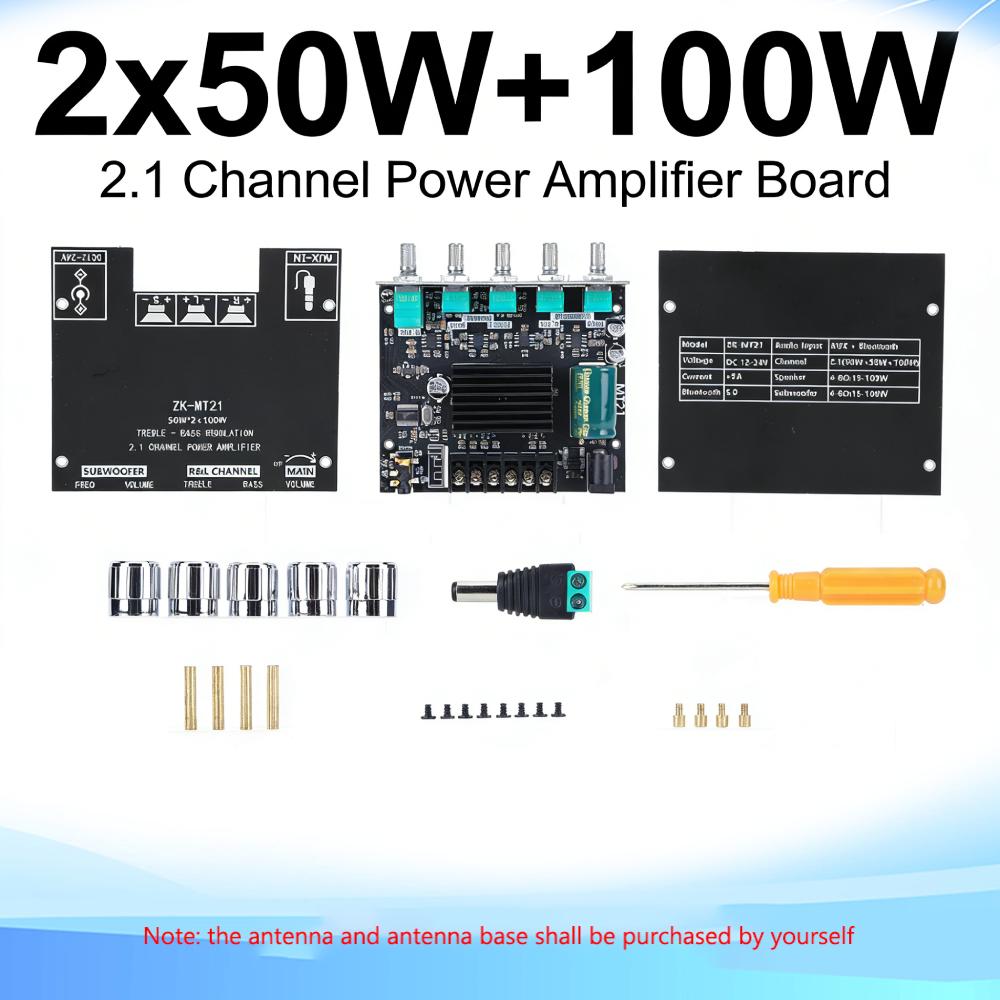 ZK-MT21 Bluetooth 5.0/AUX Dual-Input Amplifier Board 12V/24V Power Supply 2x50W+100W Subwoofer Amplifier Board