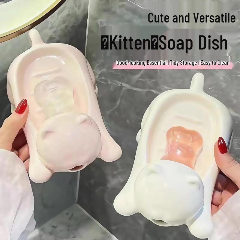 Cute Cat Soap Dish with Drain for Bathroom Storage