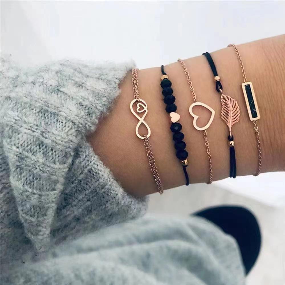 6-Piece Women's Quartz Watch Set: Diamond-Set Dial, Leather Strap, Beaded Bracelets
