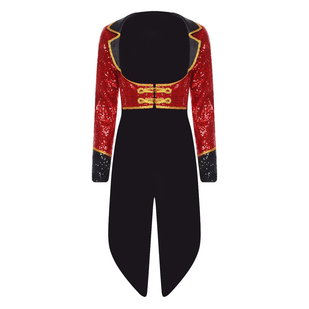 Women Adult Ringmaster Circus Costume Shiny Sequins Gold Webbing Trim Turn Down Collar Long Sleeve Buttons Tailcoat