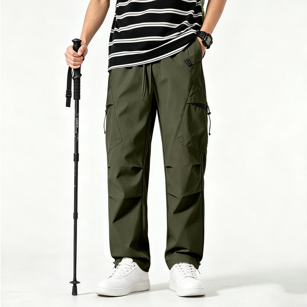 Men's Loose Fit Cargo Pants with Multi Pocket Design Drawstring Waist Straight Leg Trousers for Casual Daily Wear