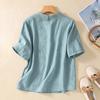 Summer Blouse Women Embroidery Flower Peter Collar Shirt Ladies Blue White Short Sleeve Button Up Tops