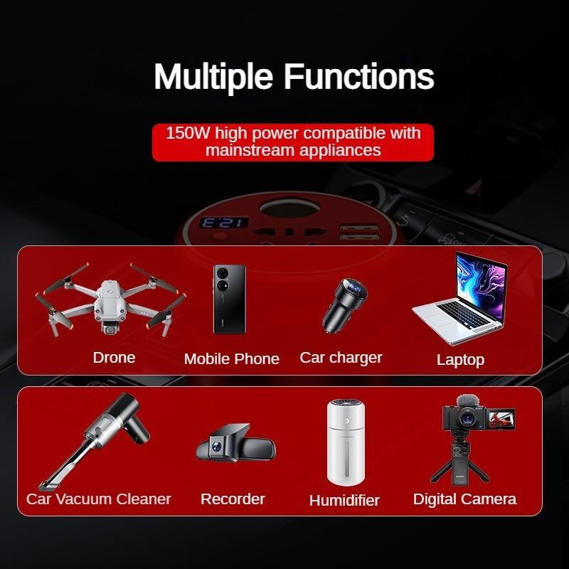 150W Portable Car Charger LED Digital Display Mini Power Converter High Power Car Inverter