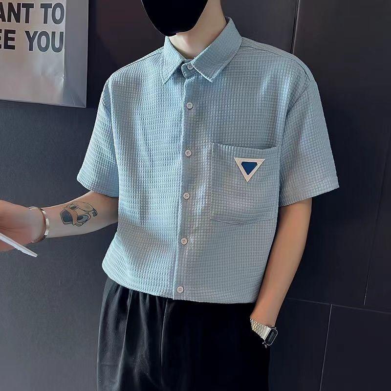 Men's Clothing Solid Color Shirts Stylish Textured Waffle Summer Casual Pockets Spliced All-match Lapel Single-breasted Shirts