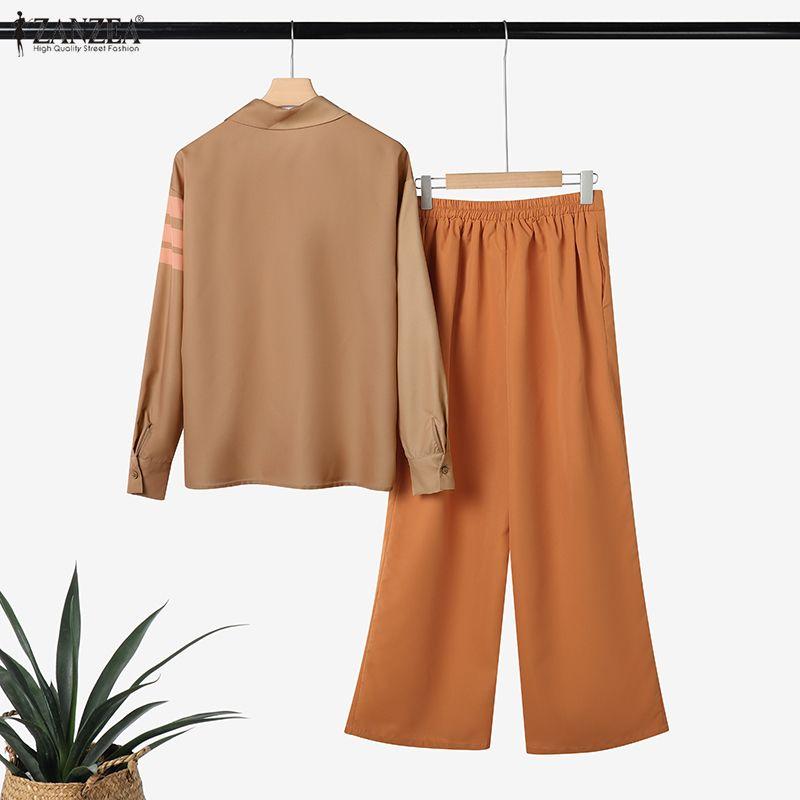 ZANZEA Women Long Sleeve Print Blouse and Pants Casual Two Piece Suit Sets