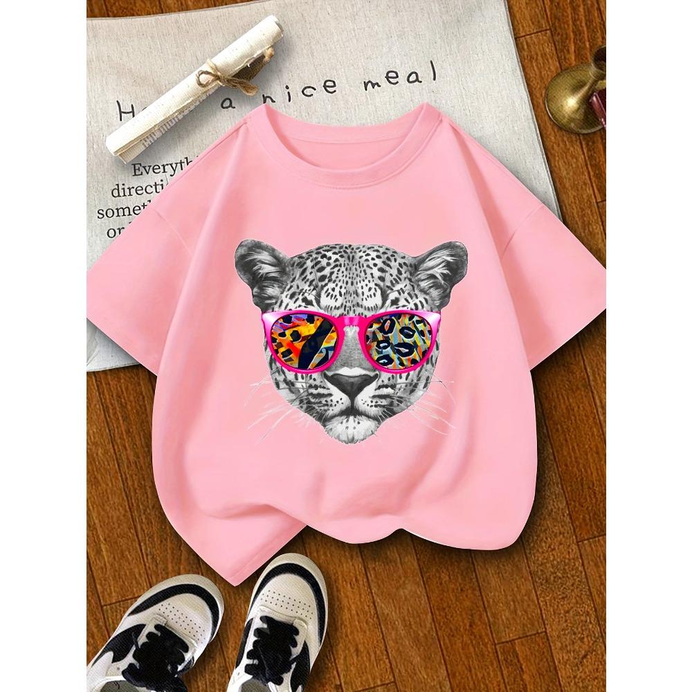 Playful and cute print, colorful leopard face girls' T-shirt, crew neck short sleeves, summer casual top