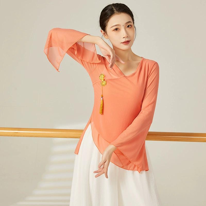 

Классический танцевальный костюм из марли для боди-рифм для женского выступления, элегантный китайский стиль, базовый тренировочный костюм для танцев, женский топ S оранжевый