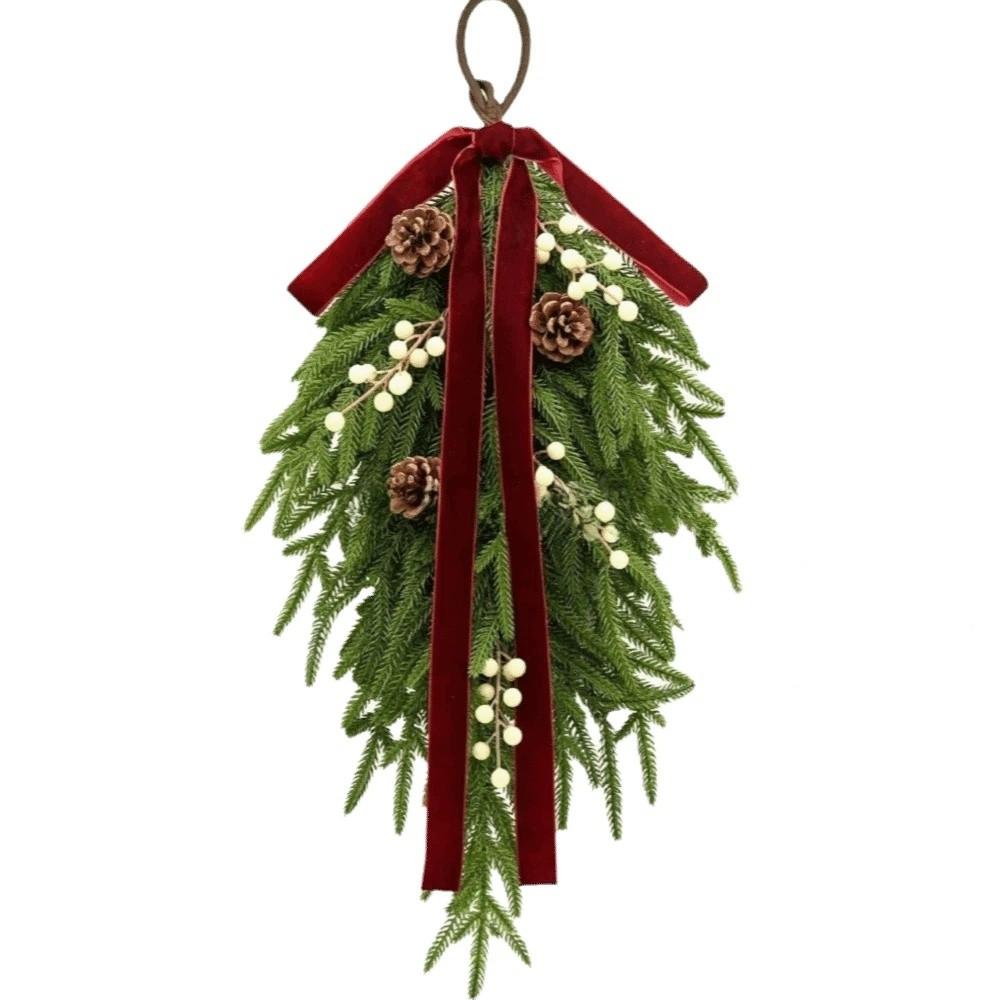 Teardrop Shape Christmas Swag Flexible Bendable With Bells Artificial Pine Garland With Pine Cones With Bowknot Teardrop Wreath