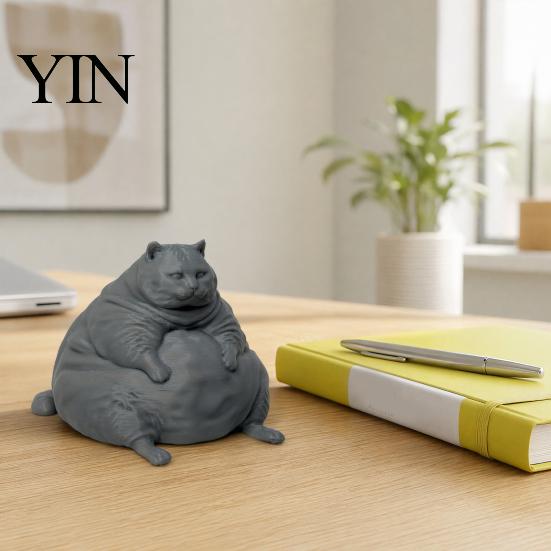 Sitting Cat Statue 3D Printed Fat Figurine, Modern for Durable Ornament Desk Decor, Animal Shape Collectible Ornament, Lovers Gift Small Sculpture