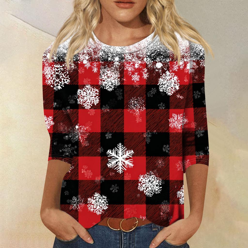 Women's Fashion Casual Round Neck 3/4 Sleeve Loose Printed T-Shirt Ladies Top