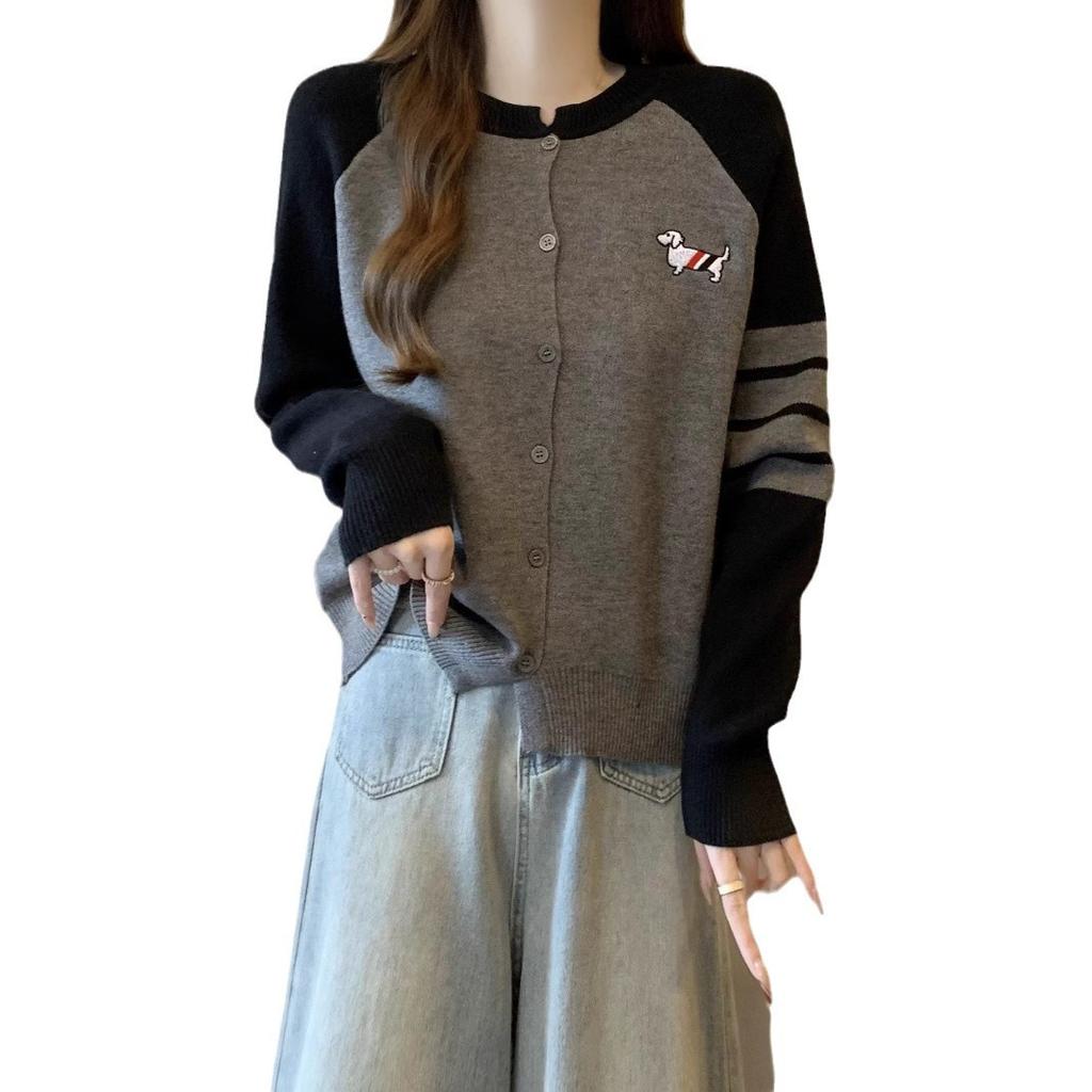 Design Color Block Embroidered Dog Knit Cardigan Women Spring Round Neck Patch Long Sleeve Coat