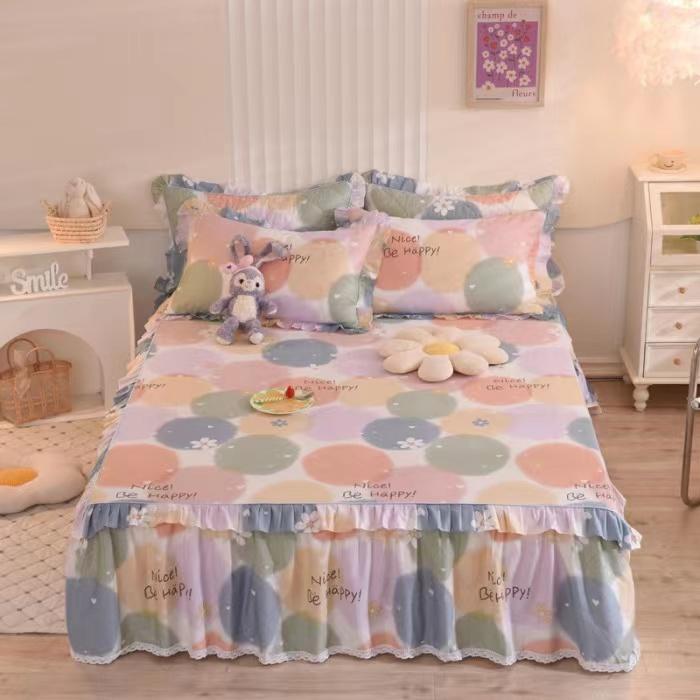 3pcs Sheet Set High Grade 100% Cotton Printed Bedspread King Queen Size Cute Pure Cotton Thick Bed Skirt with 2pcs Pillowcase