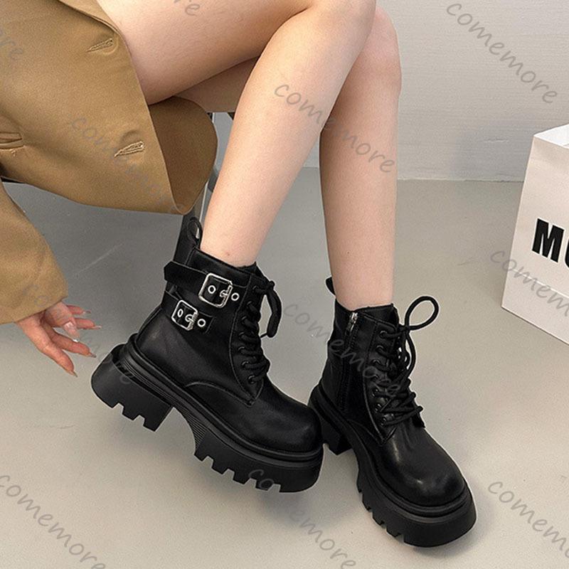 Fashion Comemore New Fashion Ankle Boots Female Belt Buckle Solid Color Autumn Thick Bottom Women Shoe Lace-up Middle Heel Botines Mijer