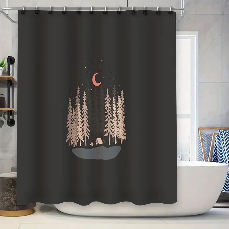 Camping Forest Night Landscape Shower Curtain Woodland Nature Trees Tent Backdrop Bathroom Decor Rustic Home Decor Outdoor Adven