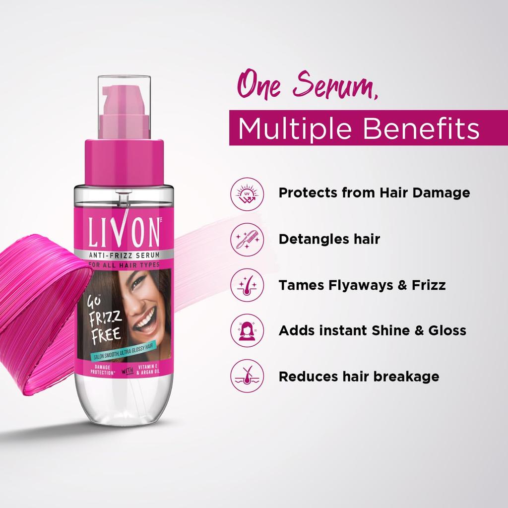 Livon Hair Serum, For Dry & Frizzy Hair | Leave in serum for women & Men| With Vitamin E & Argan Oil | 100ml