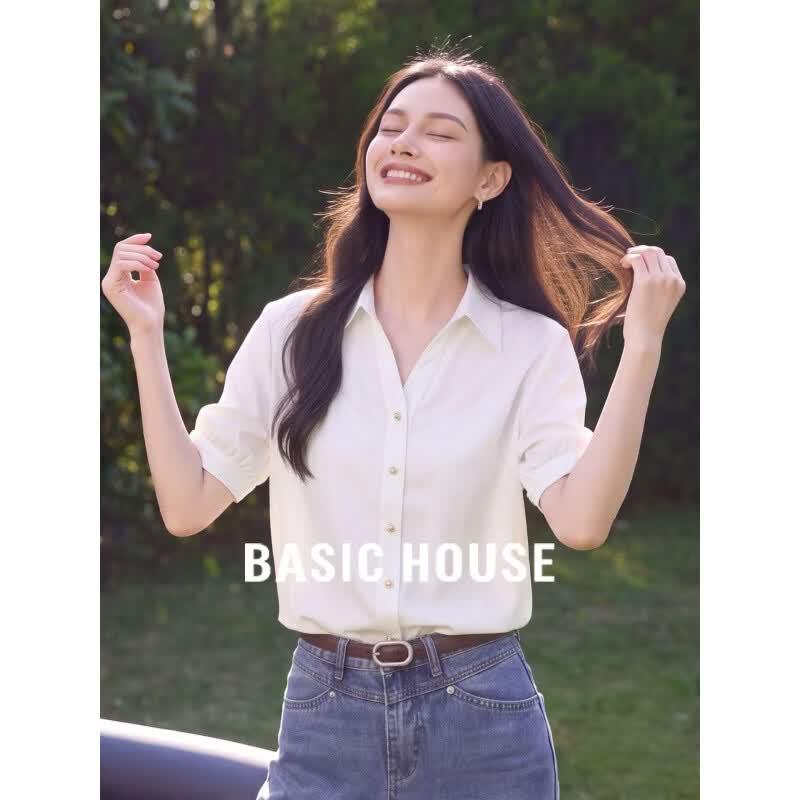 Basic House Women s French Style Polo Collar Short Sleeve Shirt S