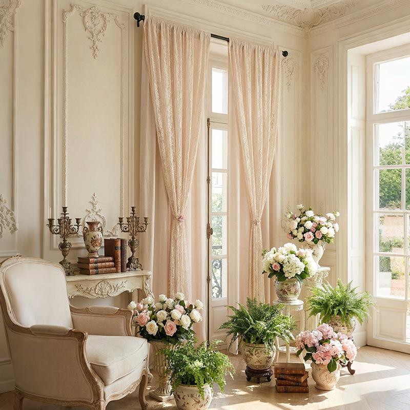 French Milk Tea Double Curtains Non-Punching Warp Knitted Lace Curtains Living Room Balcony Bedroom Finished Shading